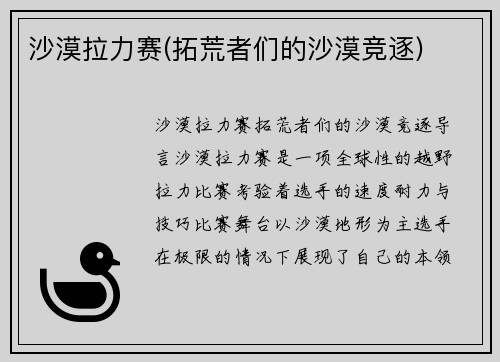 沙漠拉力赛(拓荒者们的沙漠竞逐)